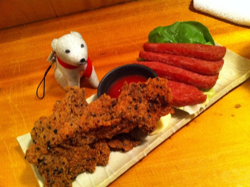 鳥せんべいとスパムソテー