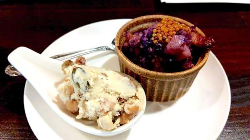 シャドークイーンとノーザンルビーのポテサラ、ドライフルーツとナッツのラム酒クリームチーズ
