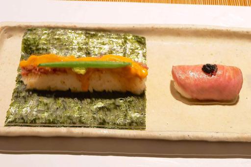 お凌ぎ コンビーフと雲丹の手巻き寿司 和牛にぎり